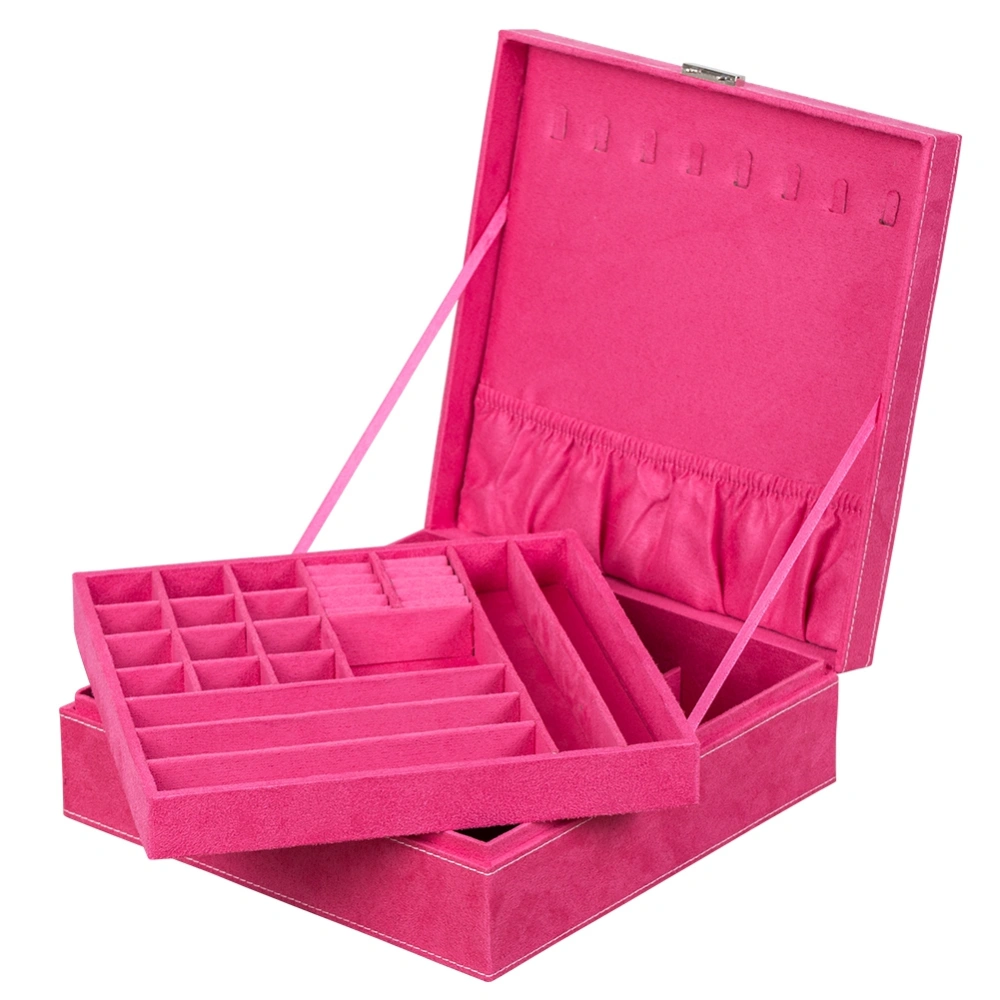 Portable Double Layer Large Capacity Jewelry Storage Box Case Display Organizer (Rose Red)