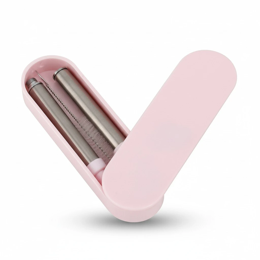 Portable Reusable Collapsible Telescopic Straws Stainless Steel Folding Straw (Beige Pink)