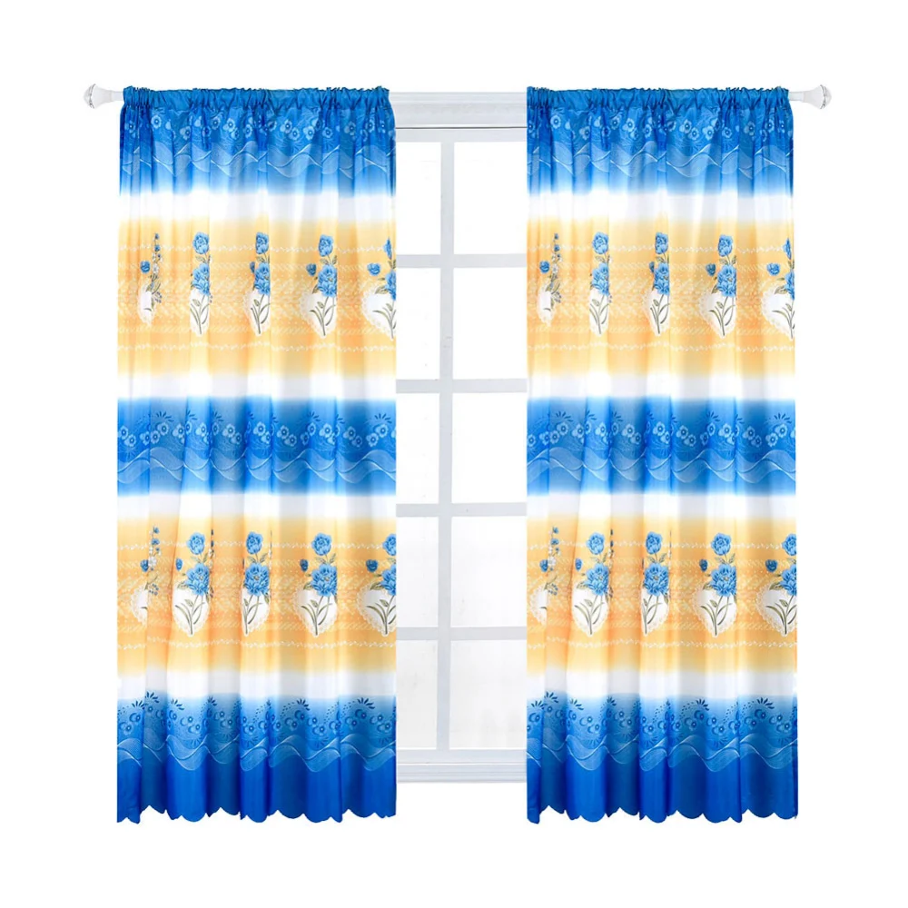 Simple Style Rose Flower Print Stripe Pattern Window Curtain for Home Bedroom (Blue)