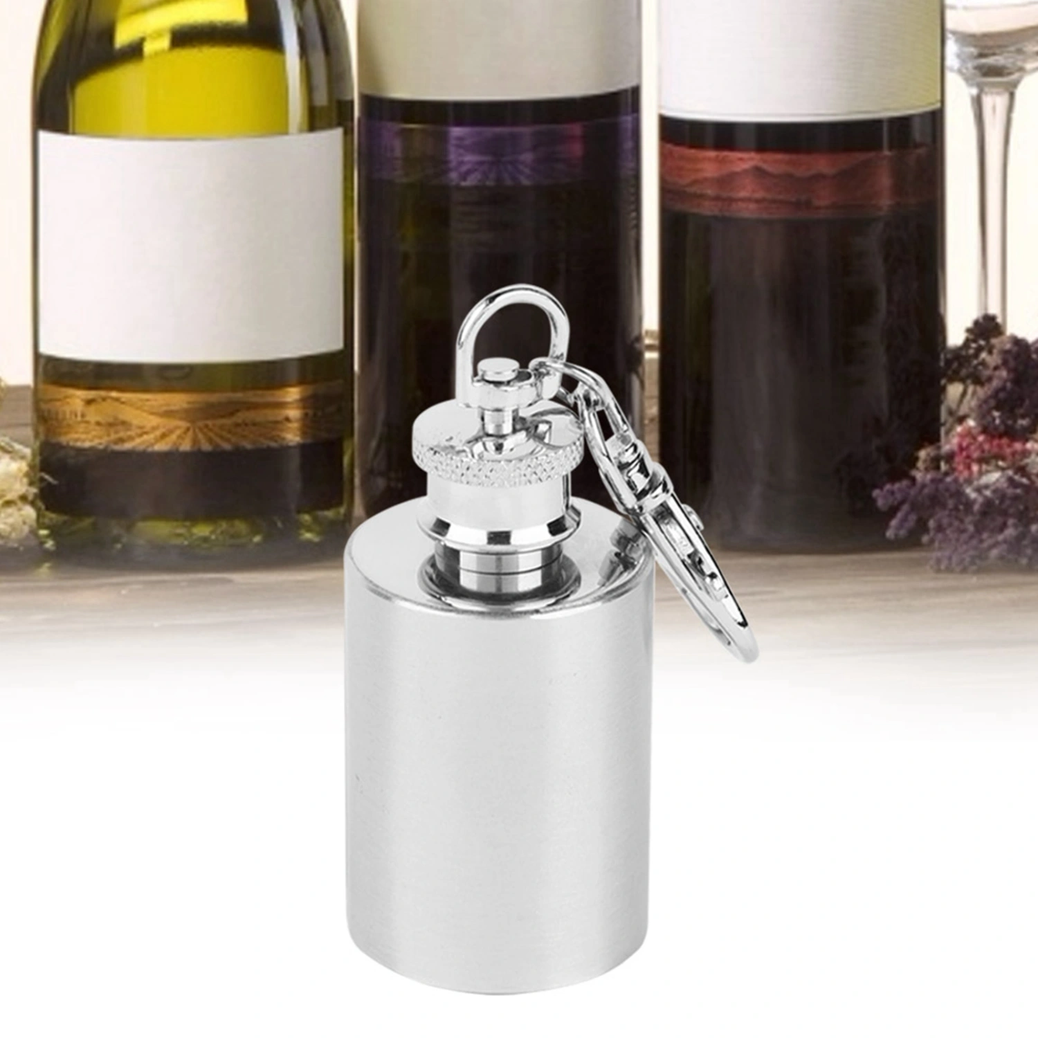 Portable Stainless Steel CylindricaL Shape Alcohol Whiskey Jug Wine Flagon Bottle with Keychain