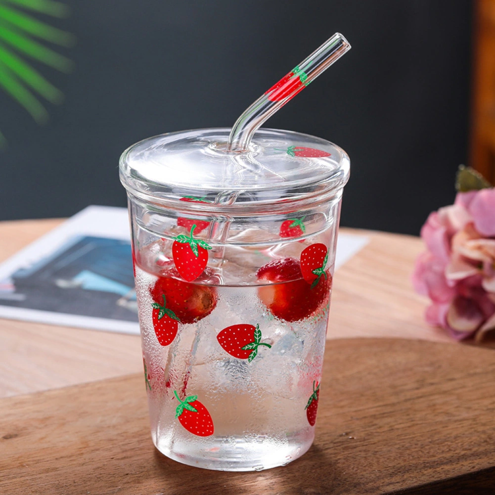 Heat resisting Clear Strawberry Pattern Coffee Juice Drinking Water Glass Cup with Straw Lid