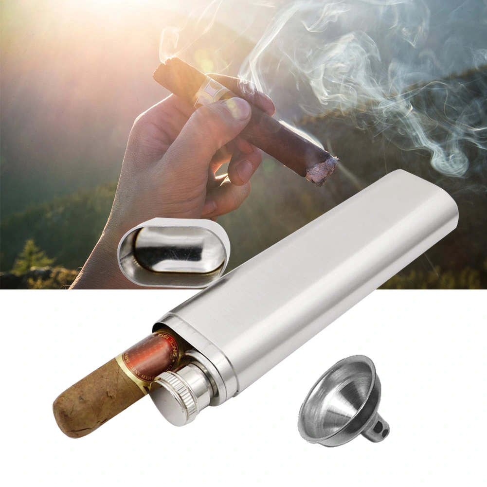 Two Tubes Stainless Steel Hip Flask and Cigar Holder Humidor Tube Travel Carry Case