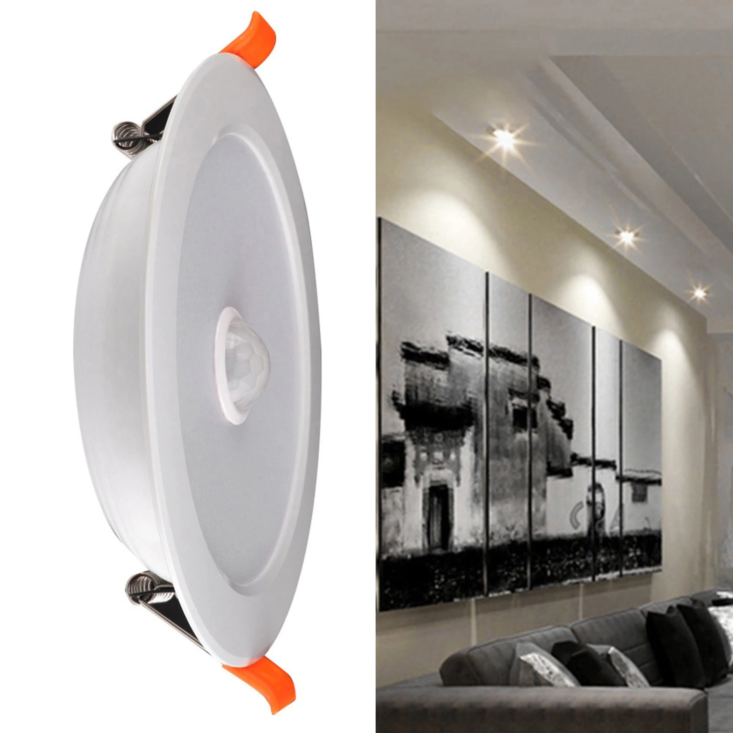 12W AC85‑265V LED Ceiling Light Downlight Human Body Sensor Recessed Lamp for Home Indoor (Warm White 3000K)