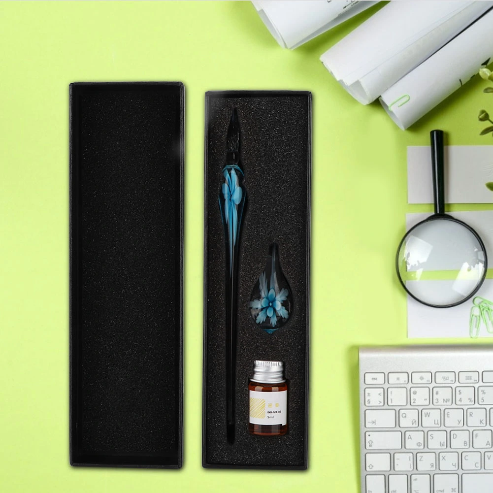 Retro Crystal Flower Glass Dip Pen Signature Ink Pen Fountain Pen with Ink Penholder Light Blue