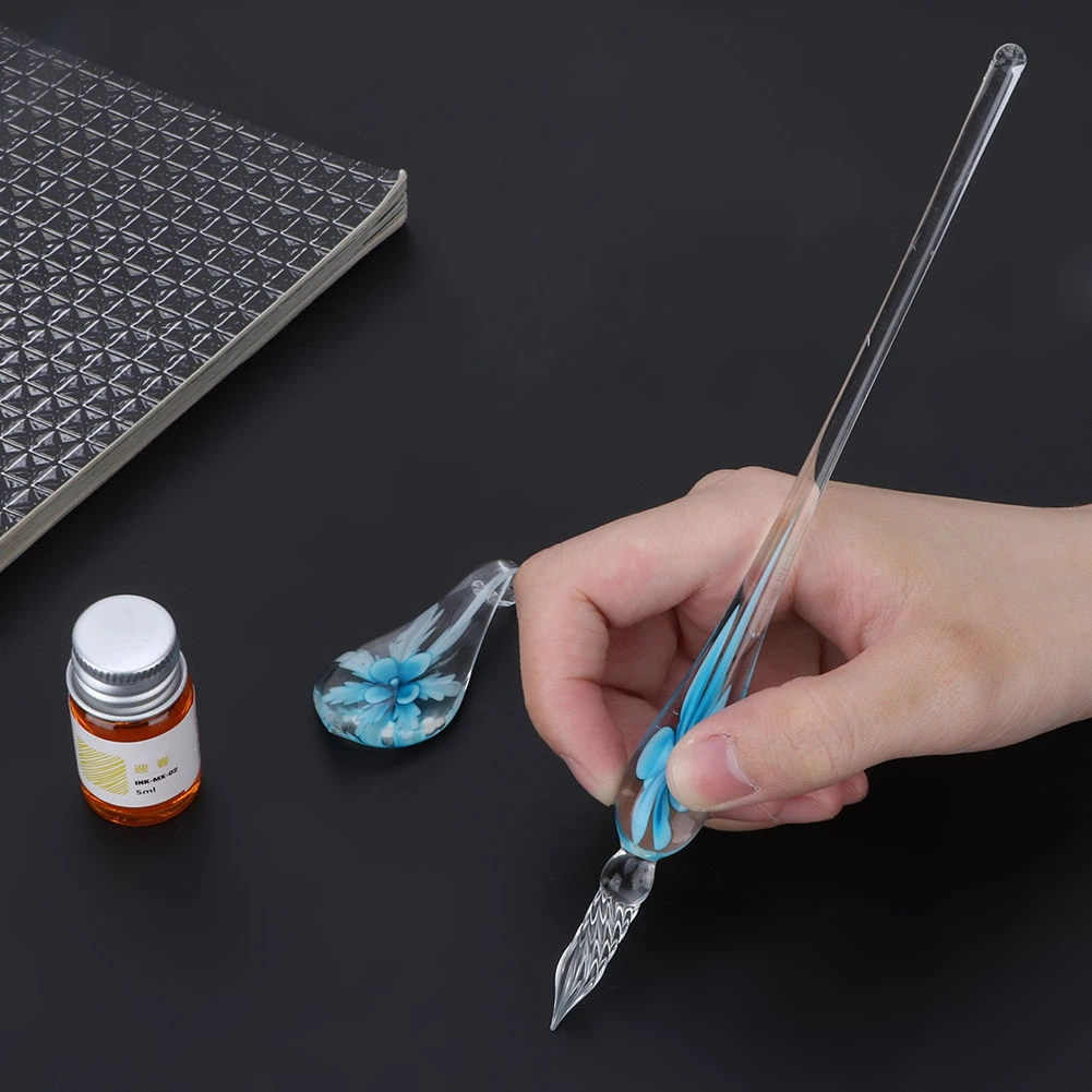 Retro Crystal Flower Glass Dip Pen Signature Ink Pen Fountain Pen with Ink Penholder Light Blue