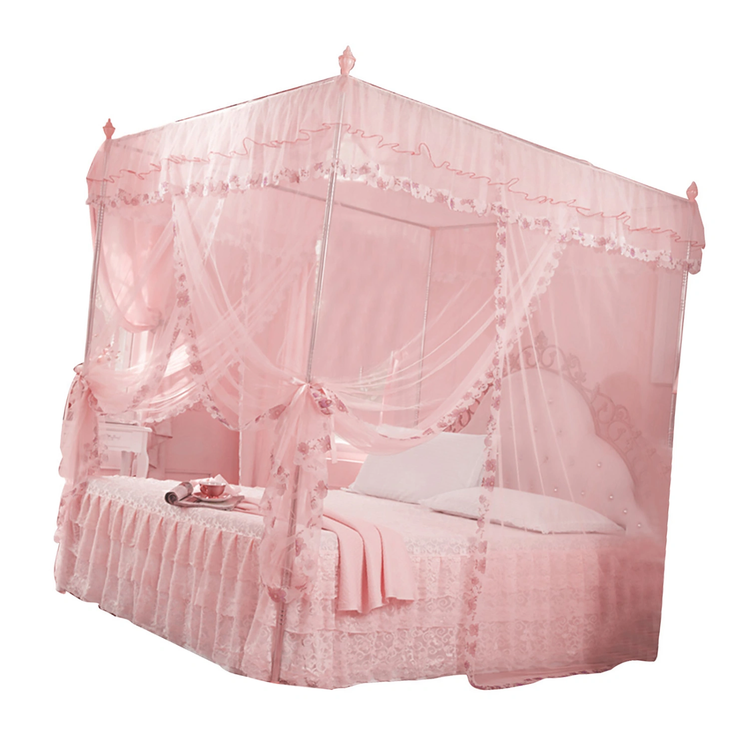Luxury Princess 3 Side Openings Post Bed Curtain Canopy Netting Mosquito Net Bedding (Pink M)