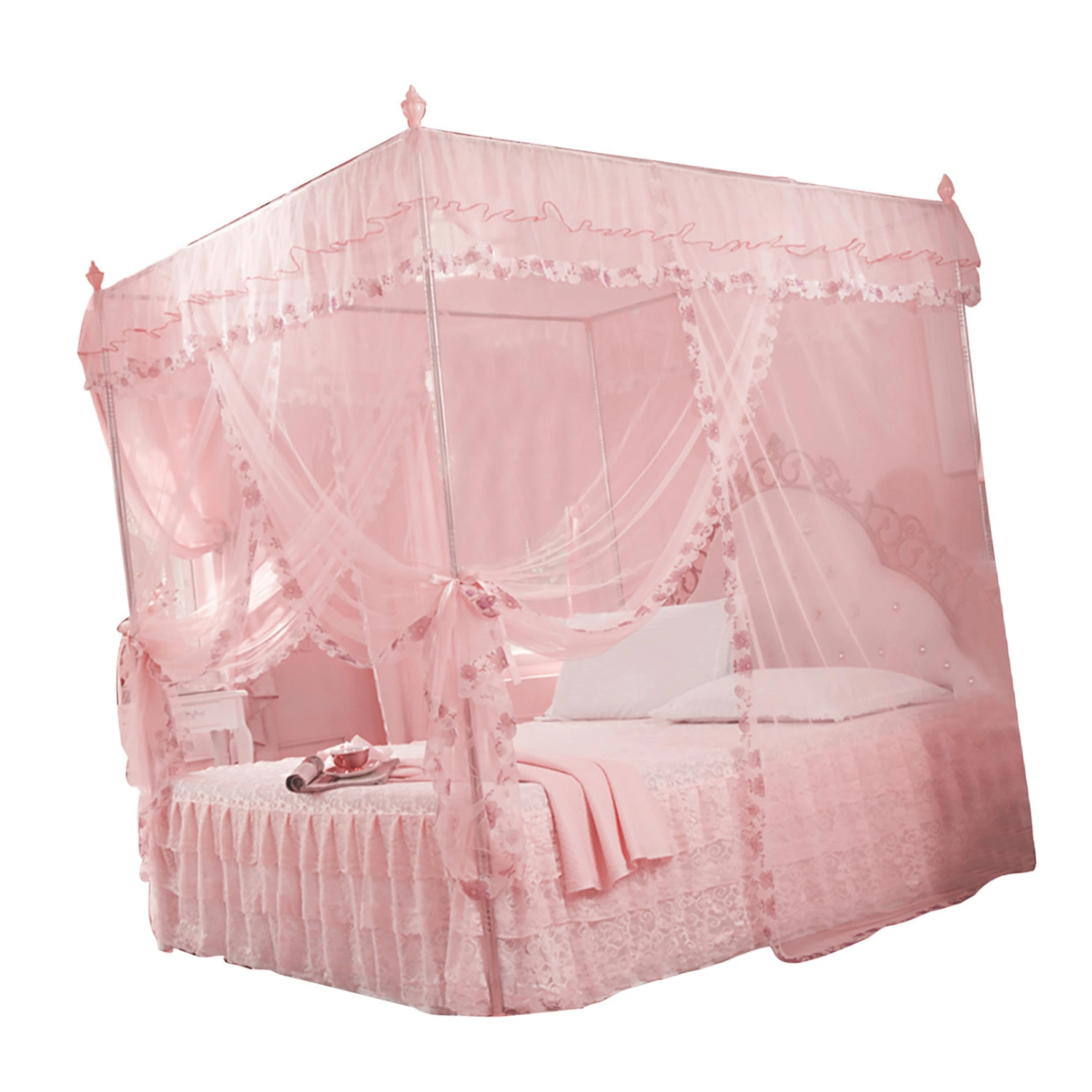 Luxury Princess 3 Side Openings Post Bed Curtain Canopy Netting Mosquito Net Bedding (Pink M)