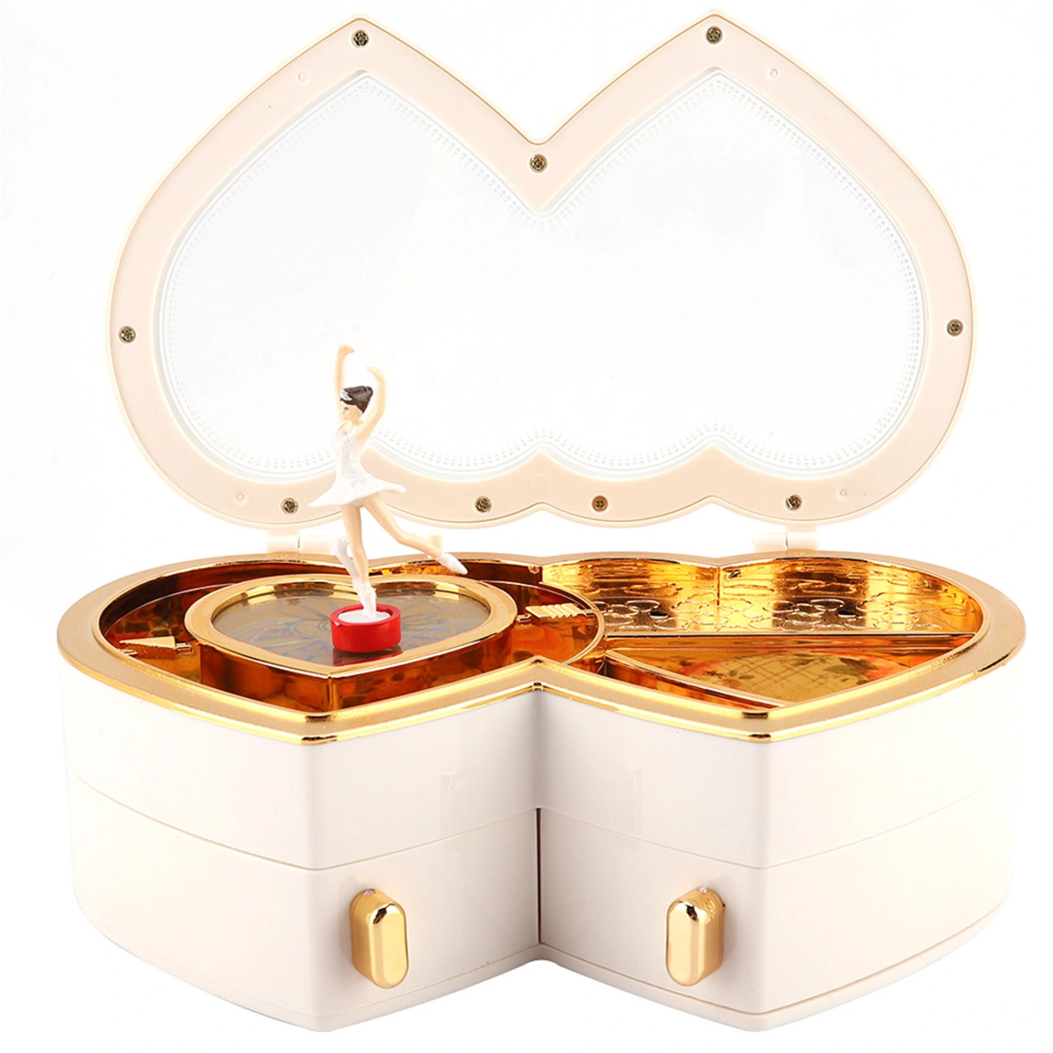 Double Heart Ballerina Musical Jewelry Box Storage Case for Little Girls(White)