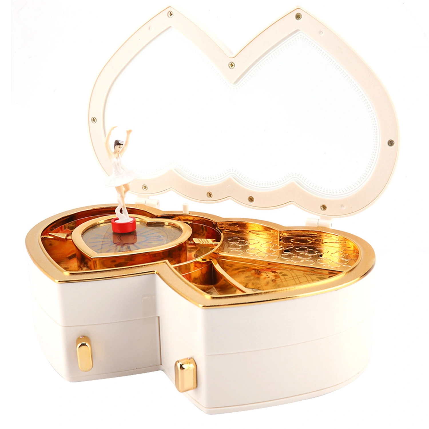 Double Heart Ballerina Musical Jewelry Box Storage Case for Little Girls(White)