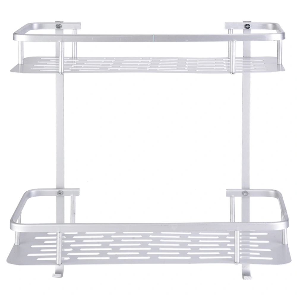 Double Layers Aluminum Wall Mounted Storage Shelf Rack with 2 Hanging Hooks Bathroom