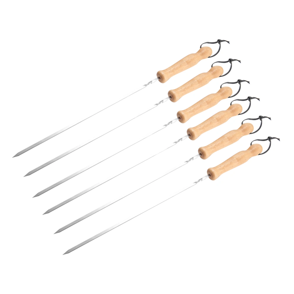 6PCS 40CM Stainless Steel BBQ Grill Wooden Handle Outdoor Camping Barbecue Skewers Set