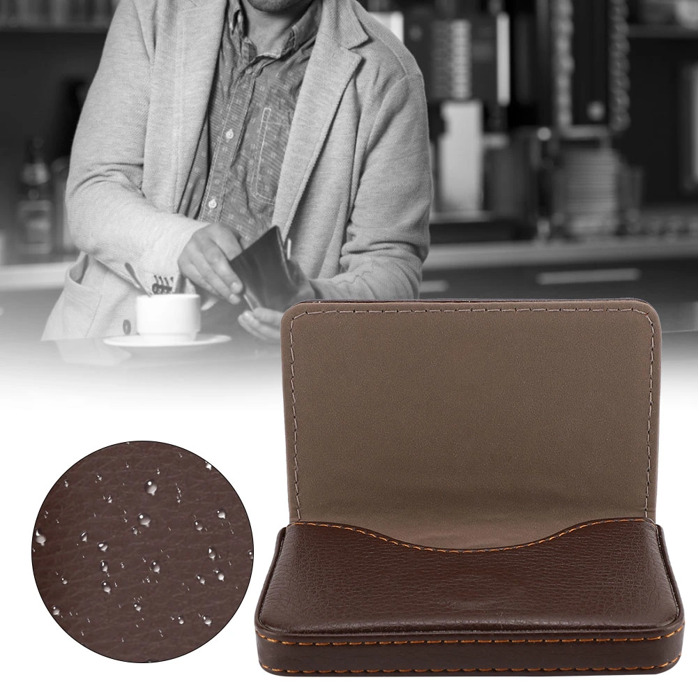 Portable PU Magnetic Closure Business Card Storage Case Stainless Steel Cards Holder (Coffee)