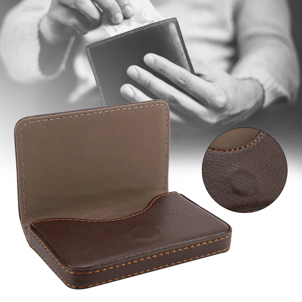 Portable PU Magnetic Closure Business Card Storage Case Stainless Steel Cards Holder (Coffee)