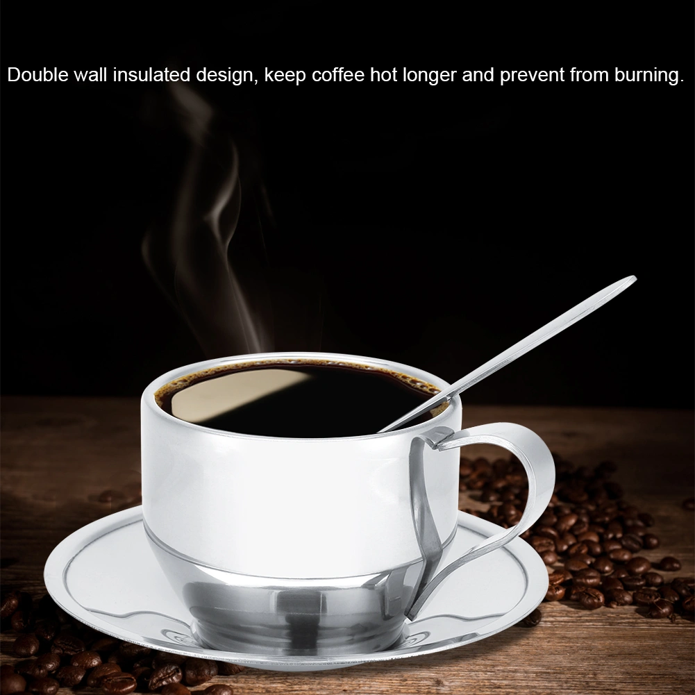 Stainless Steel Insulated Coffee Cup Double Wall Tea Milk Mug with Saucer Spoon Set Tableware