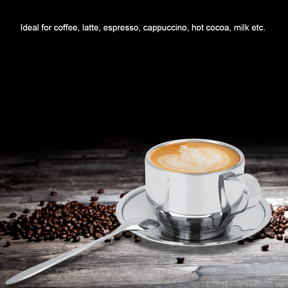 Stainless Steel Insulated Coffee Cup Double Wall Tea Milk Mug with Saucer Spoon Set Tableware