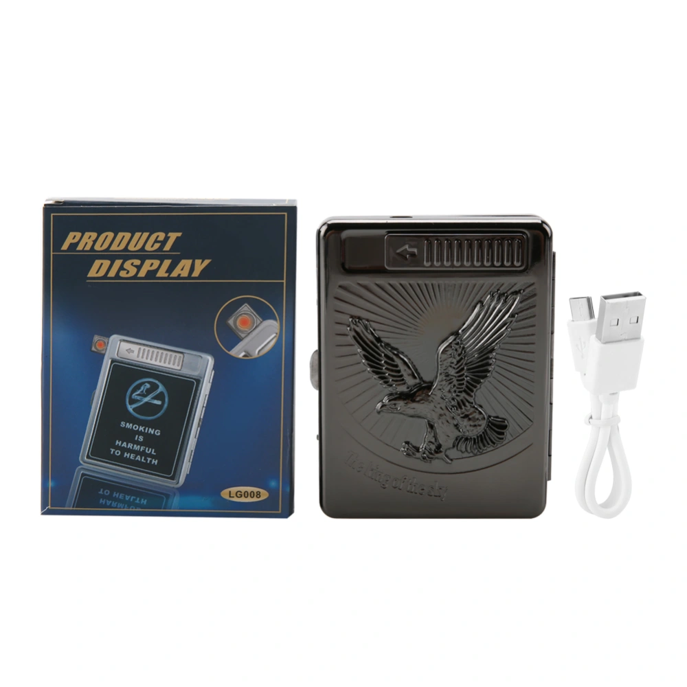 2 in 1 Metal Cigarette Case with USB Rechargeable Electric Cigarette Lighter (Black Eagle)