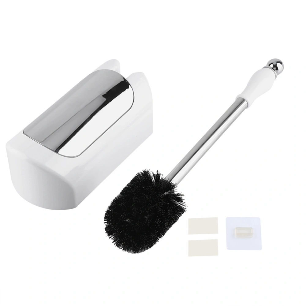 Stainless Steel Handle Toilet Brush with Holder Home Hotel Bathroom Cleaning Tool Set (White)