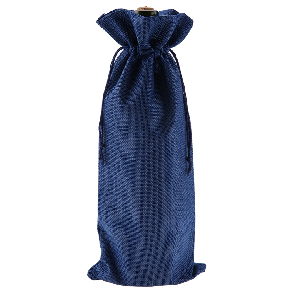 12pcs Simple Linen Fabric Wine Bag with Drawstring Champagne Decorative Cover (Dark Blue)