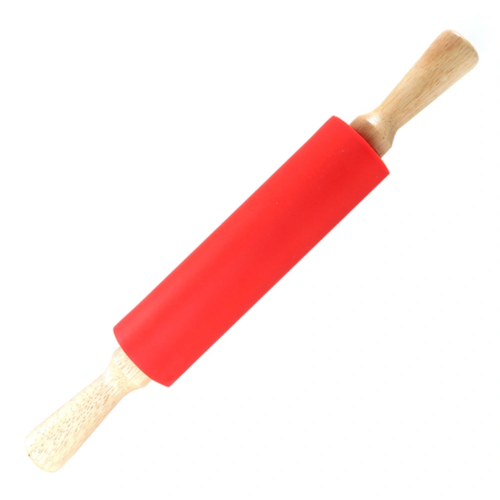 Large Wooden Handle Revolving NOn stick Silicone Rolling Pin Dough Pastry Baking Tool (Red)