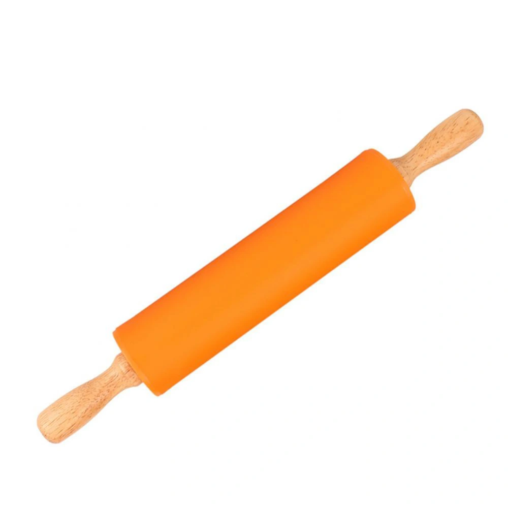 Silicone Rolling Pin with Wooden Handle NOn stick Kitchen Cooking Baking Tool(Orange)