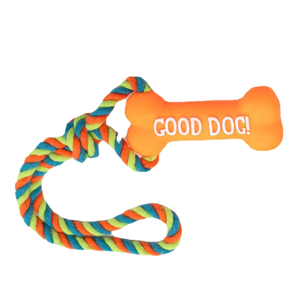 Dog Teething Toy Bone Style Noise Making Safe Silicone 11.4in Rope Bright Colors Dog Chew Toy for Puppy Small Pet Orange