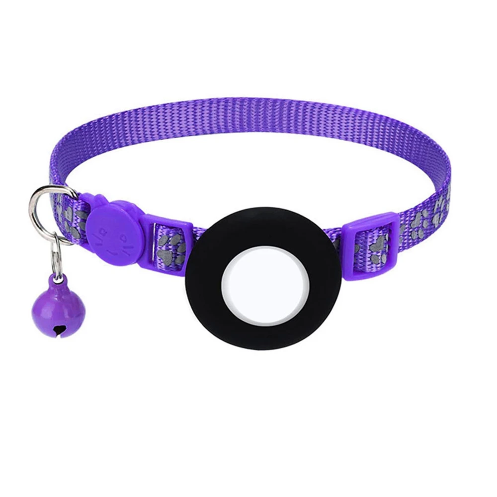 Cat Collar Reflective Nylon Collar Safety Buckle Removable Bell GPS Pet Tracking Positioning Collar with Pocket for Airtag Holder Purple