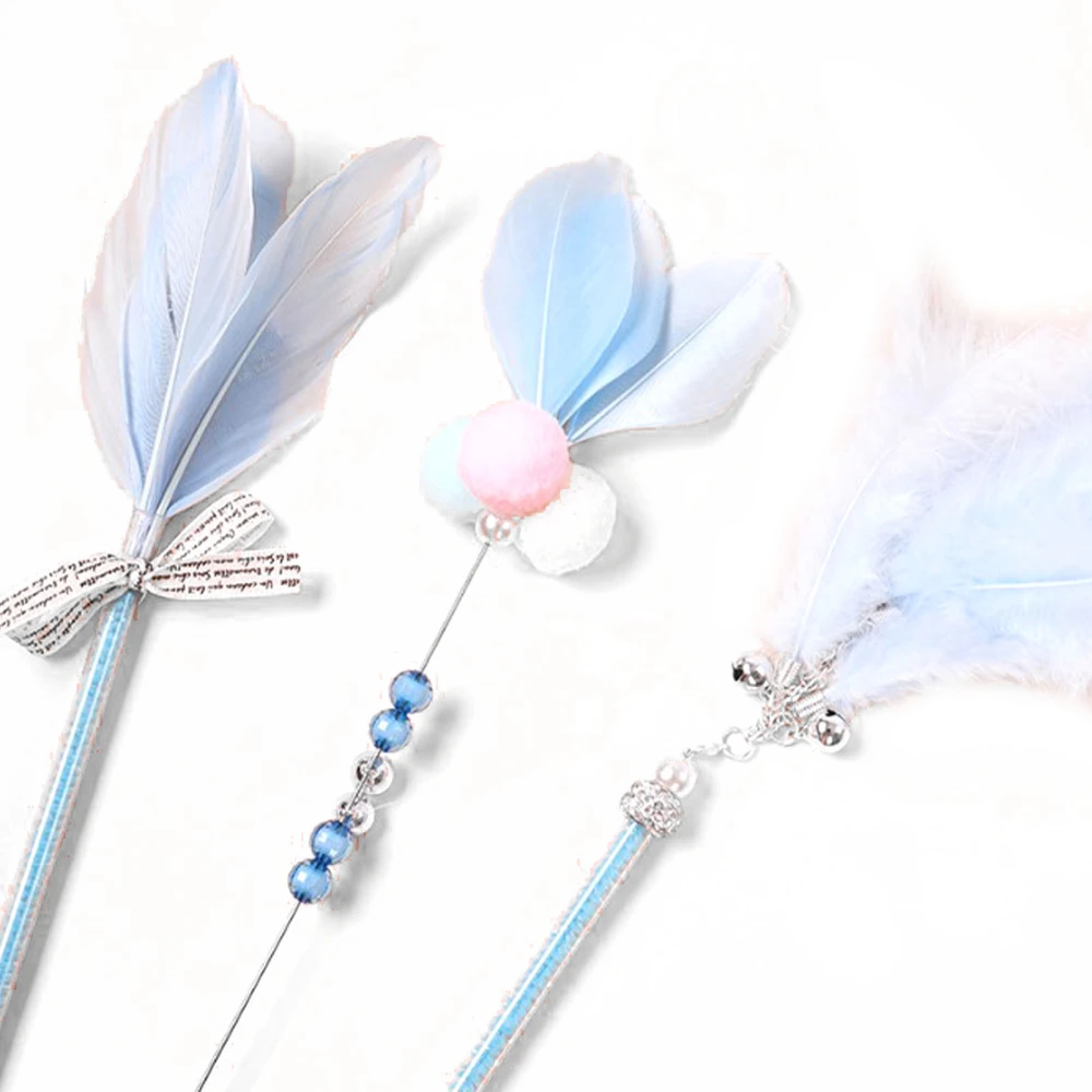 3Pcs Cat Teaser Wand Interactive Cat Feather Toy with Bell for Cat Kitten Playing Blue