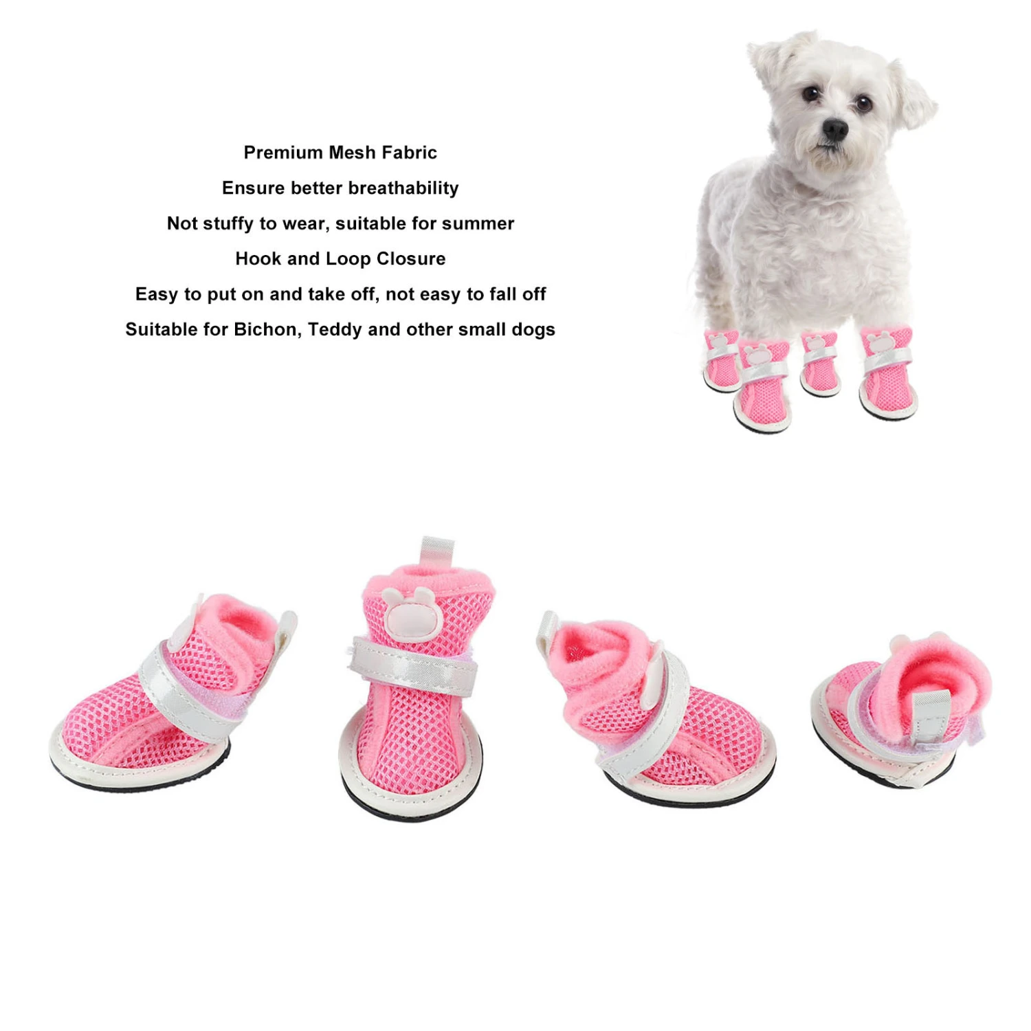 Dog Mesh Shoes Prevent Slip Breathable Lightweight Fashionable Puppy Summer Boots for Bichon Teddy Pink