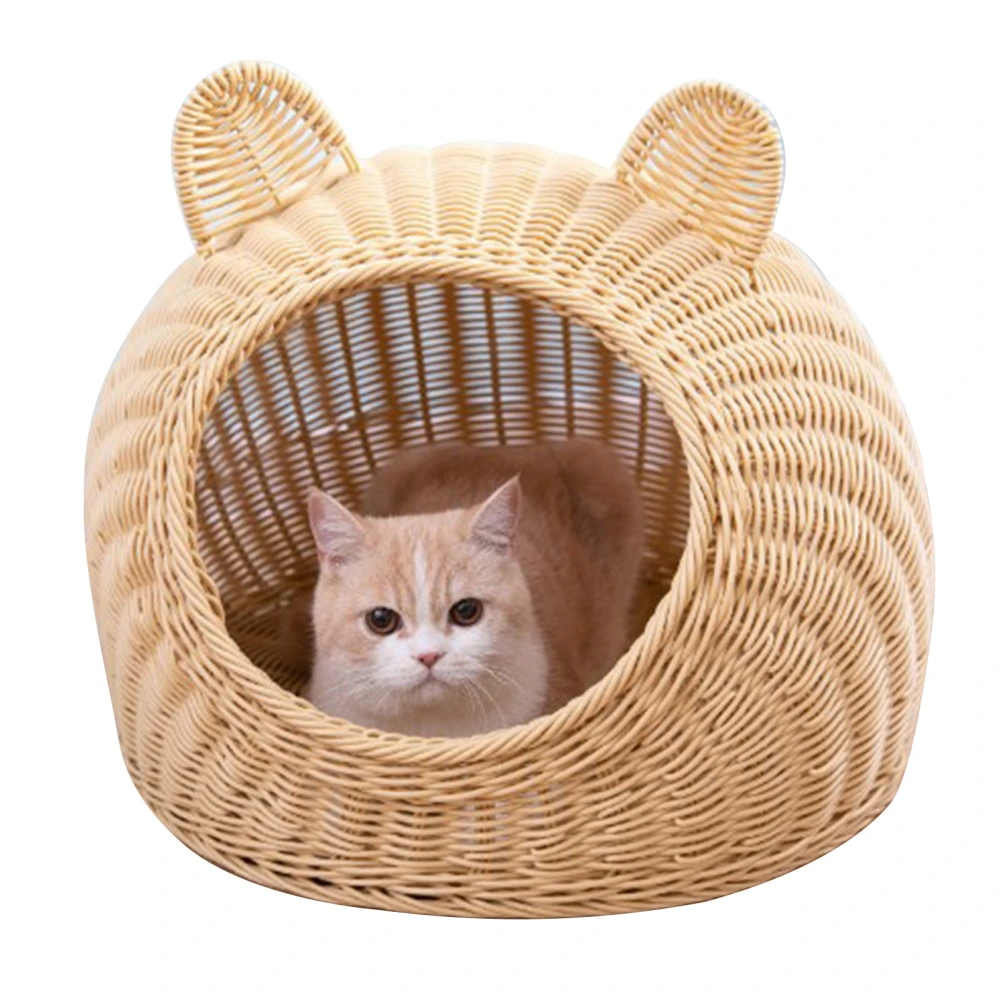 Cat Bed Cute Cat Ear Imitated Rattan Hand Woven Breathable All Seasons Washable Semi Closed Cat House for Indoor 38x38cm / 15.0x15.0in Beige