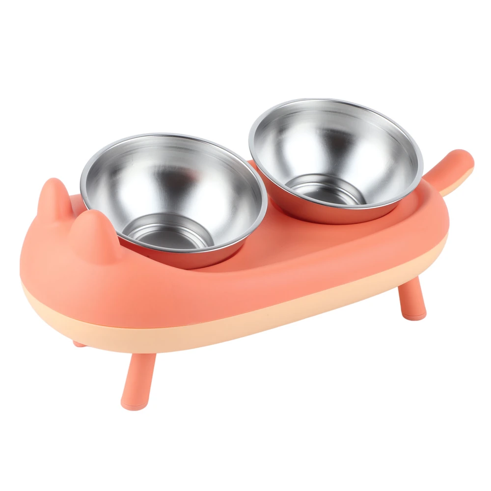 Double Bowl Pet Feeder Stainless Steel Elevated Cat Dog Bowl 15 Degrees Tilted Food Water Bowl Stainless Steel Double Bowl Orange