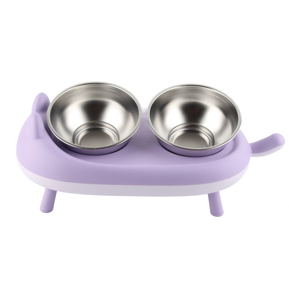 Double Bowl Pet Feeder Stainless Steel Elevated Cat Dog Bowl 15 Degrees Tilted Food Water Bowl Stainless Steel Double Bowl Purple