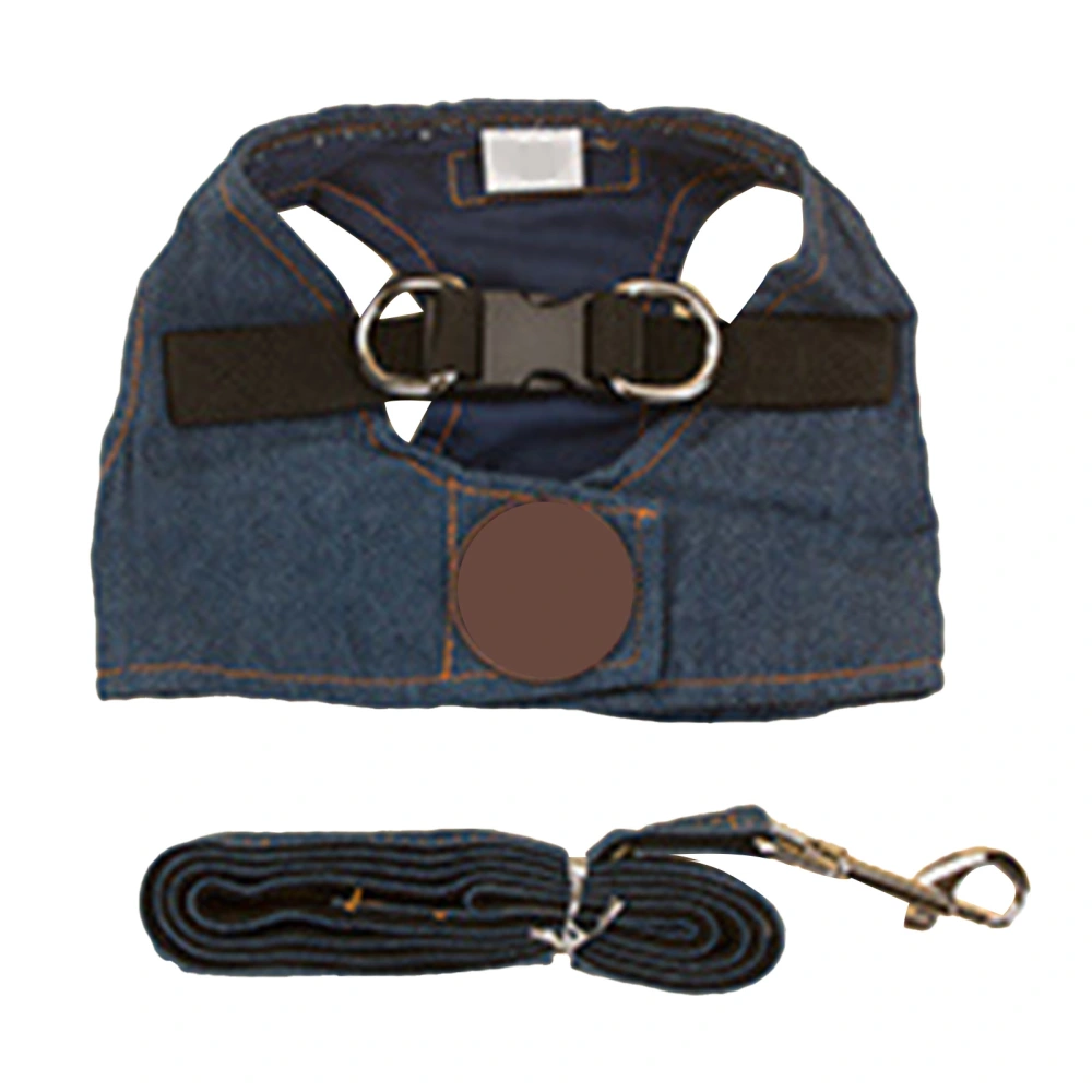 Blue Pet Vest Harness Leash Denim Fabric Comfortable Walking Dog Harness Leash Kit for Garden L