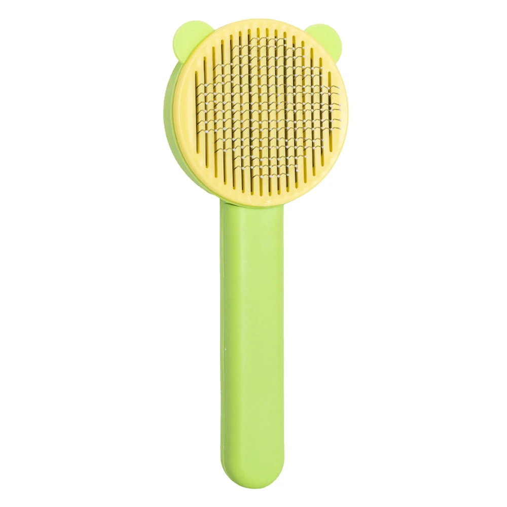 Pet Grooming Comb 60° Bending Needle Self Cleaning Hair Brush for Cats Dogs Comfortable Grip Green Yellow