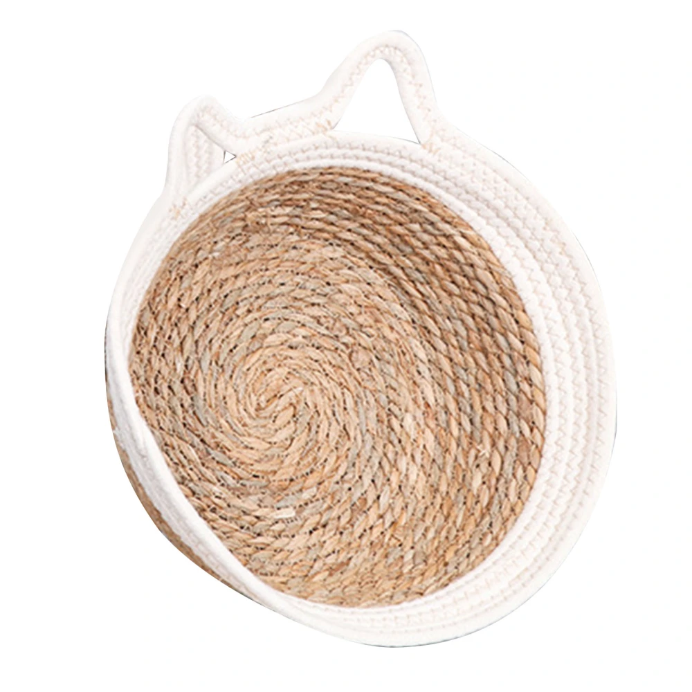 Hand Woven Cat Nest Breathable Round Cotton Rope Woven Warm Pet Sleeping Bed with Soft Cushion for Summer Cats Dogs Medium (Suitable for Pets Within 5kg/11.0lb) White Cat Ears