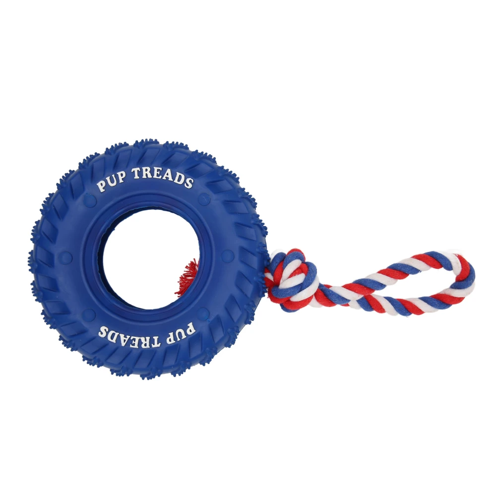 Dog Tire Chewing Toy Bite Resistant Treat Dispensing Rubber Aggressive Dog Tug Toy with Rope for Medium Large Dogs Blue