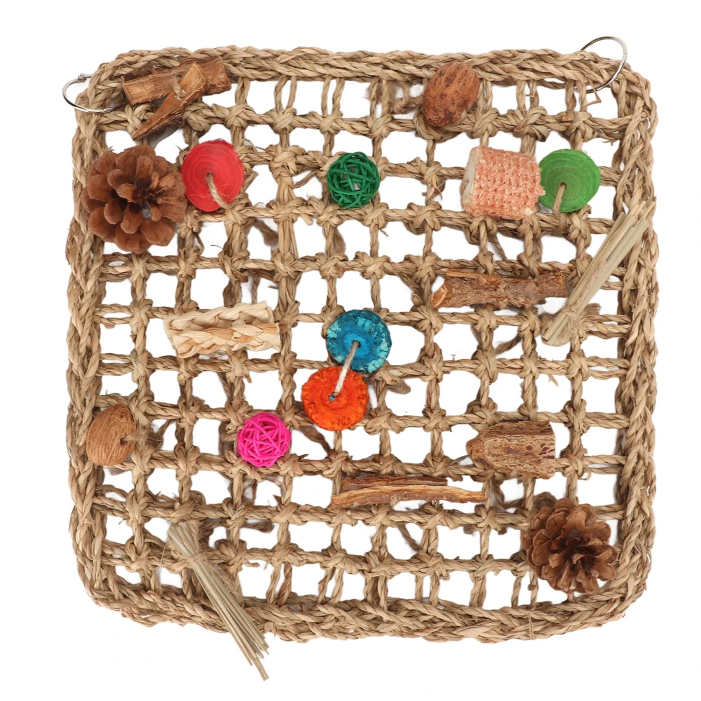 Bird Foraging Wall Toy Boredom Relief Seagrass Hand Woven Parrot Climbing Net with Colorful Chewing Toy L