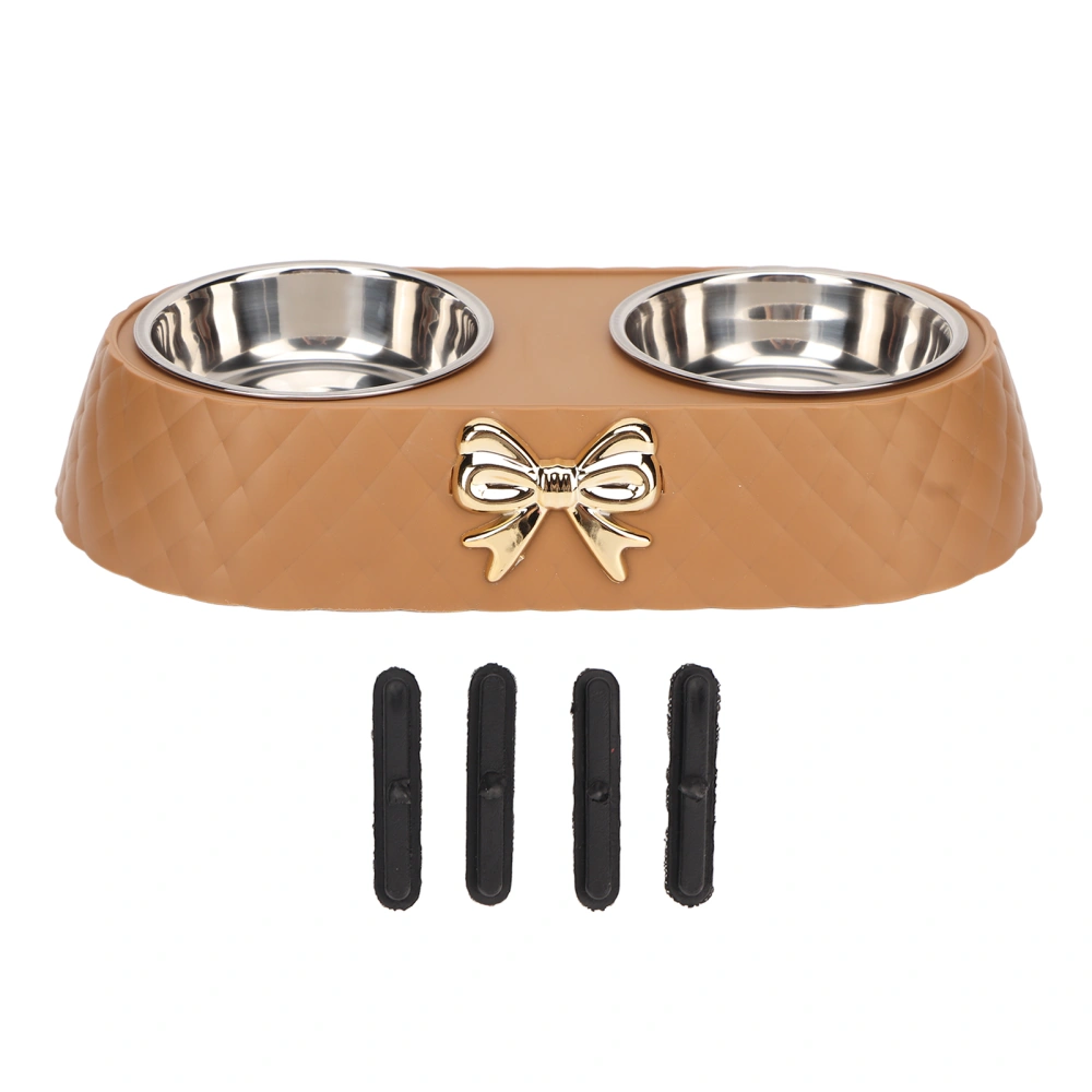 Double Pet Bowls Prevent Slip Stainless Steel Pet Food Water Bowls with Bowknot Decor Holder for Dog Cat Brown