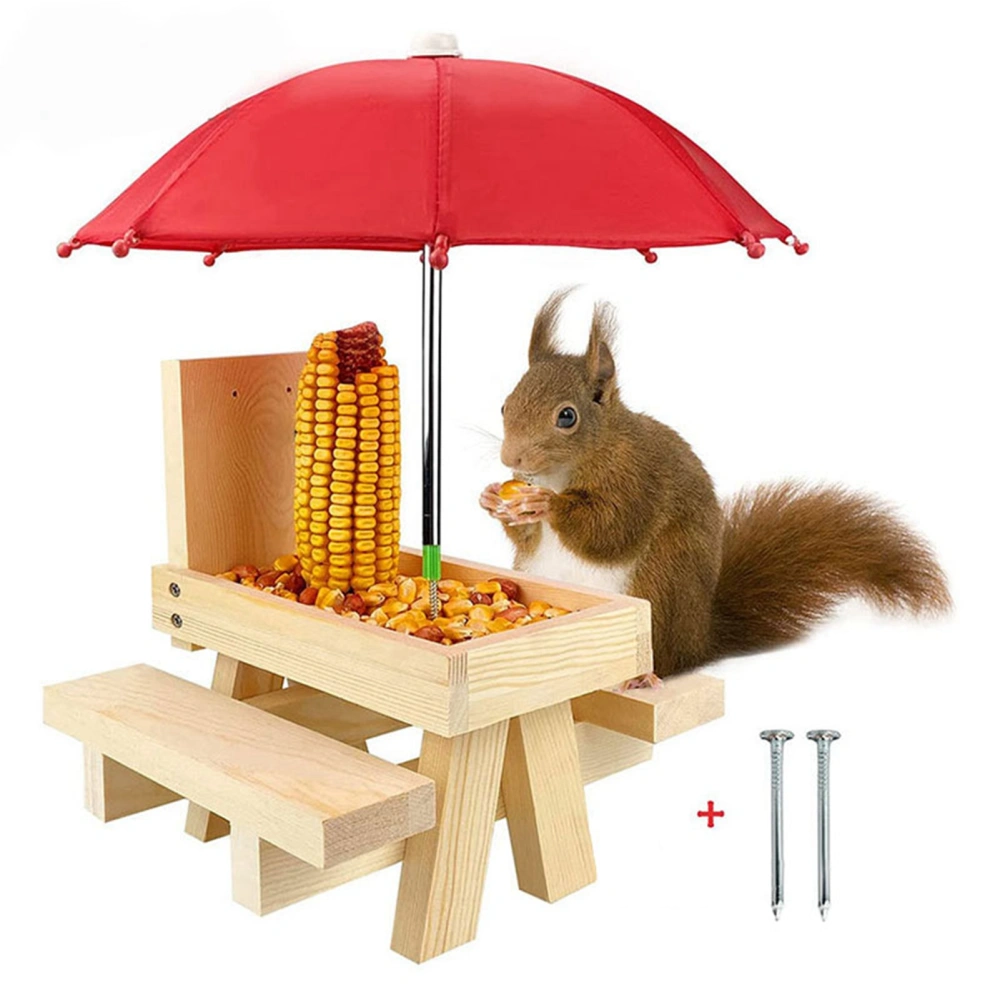 Squirrel Feeder Table Wooden Thicken Decorative Squirrel Picnic Table Feeder for Outdoor Garden Park Natural Wood Color with Red Umbrella