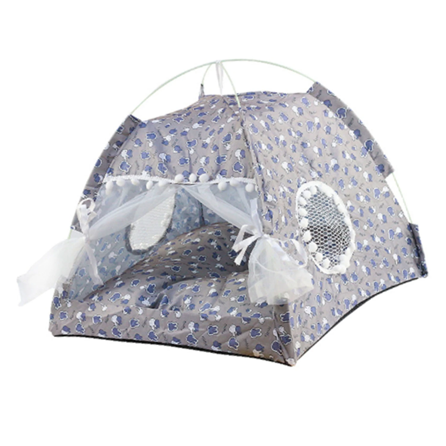 Indoor Pet Tent Detachable Washable Soft Warm Prevent Slip Cute Dog Tent House with Mesh Door Window for All Seasons Gray