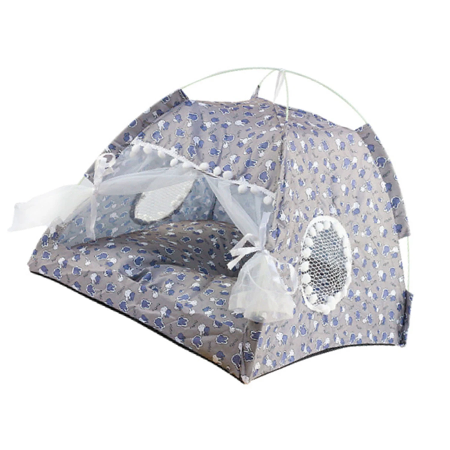 Indoor Pet Tent Detachable Washable Soft Warm Prevent Slip Cute Dog Tent House with Mesh Door Window for All Seasons Gray