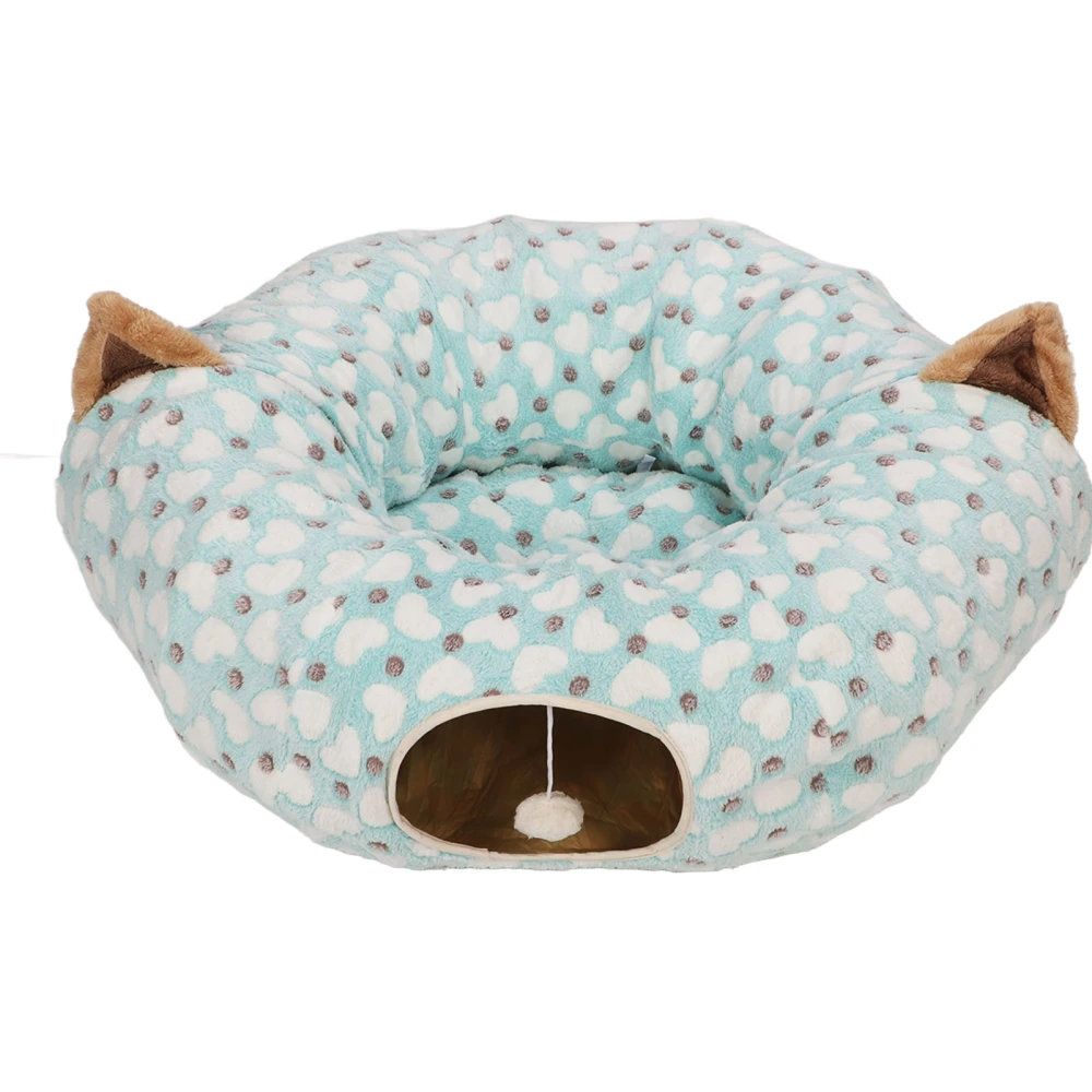 Cat Tunnel Bed with Mat Heart Pattern Round Collapsible 3 Way Cat Tube Bed with Play Ball for Cat Kitten Blue