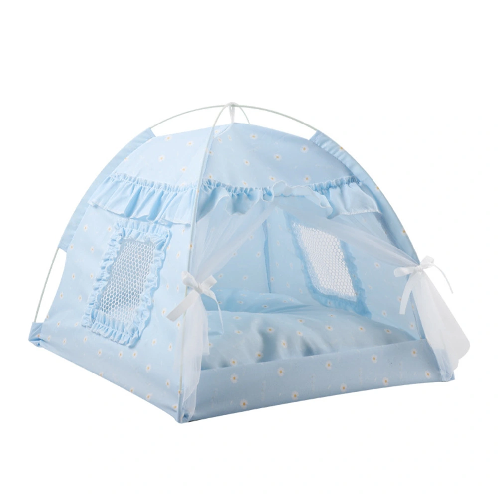 Cat Tent House Semi Enclosed Foldable Ventilate Gauze Curtain Portable Summer Pet Tent Nest for Pet Cat Dog 40x40x37cm / 15.7x15.7x14.6in, Suitable for Pets Up to 2.5kg/5.5lb Blue Lace