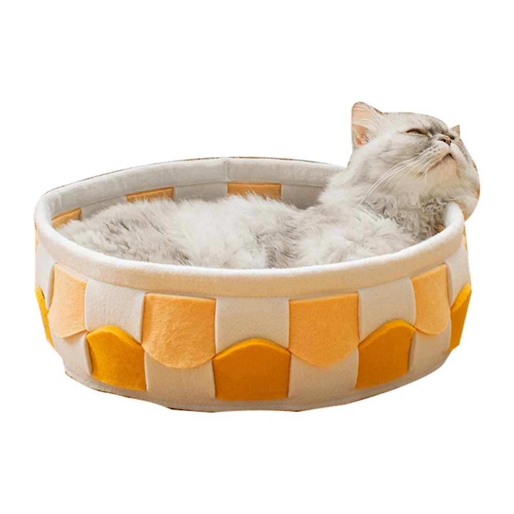 Round Cat Bed Soft Wave Line Braid Double Sided Universal Large Small Dog Bed for Winter Summer Yellow