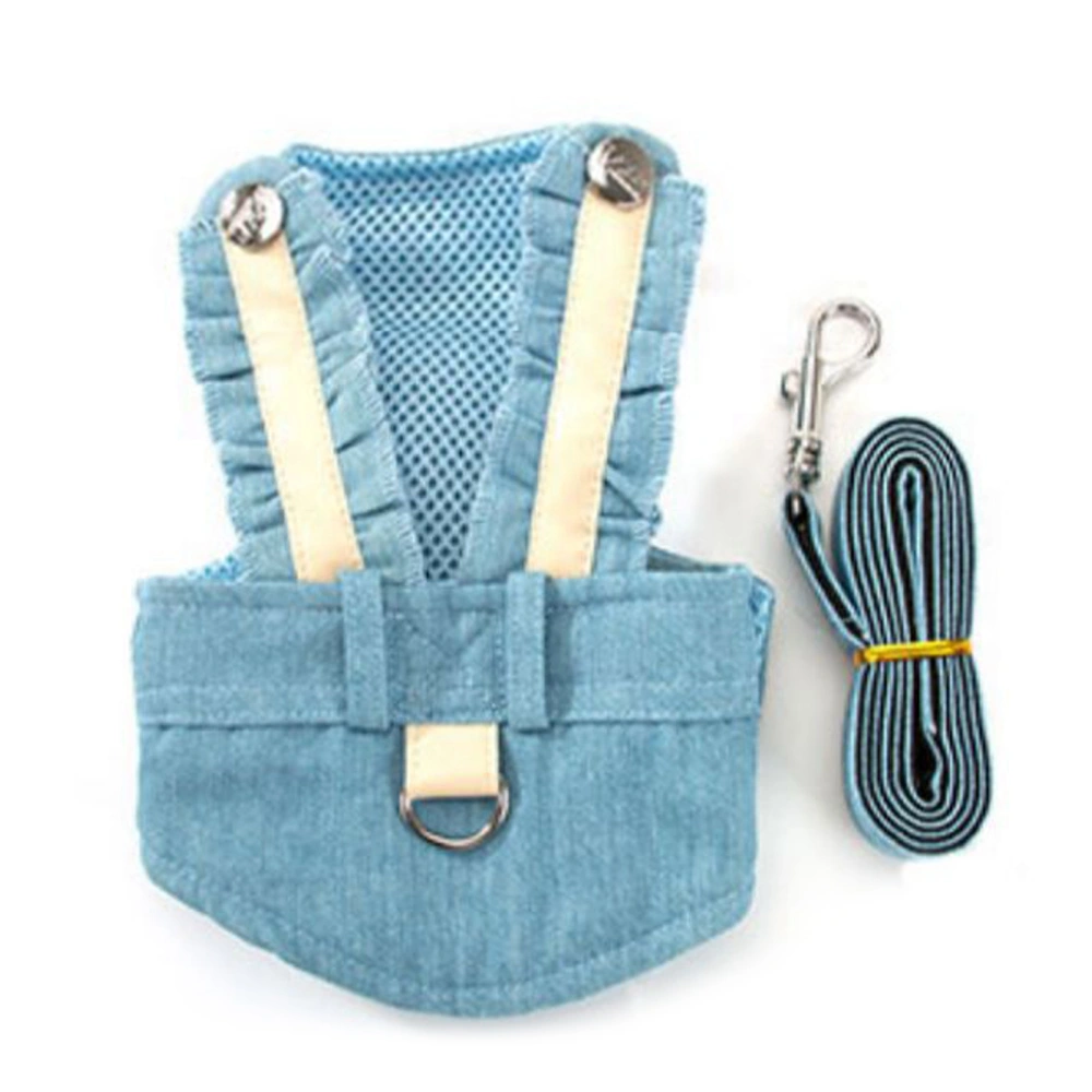 Pet Vest Harness Leash Adjustable Button Design Dog Harness and Leash Set with Breathable Mesh for Dog Cat Outdoor Light Blue Jeans S (Advise Weight Range 1.5‑2.5kg/3.3‑5.5lb)