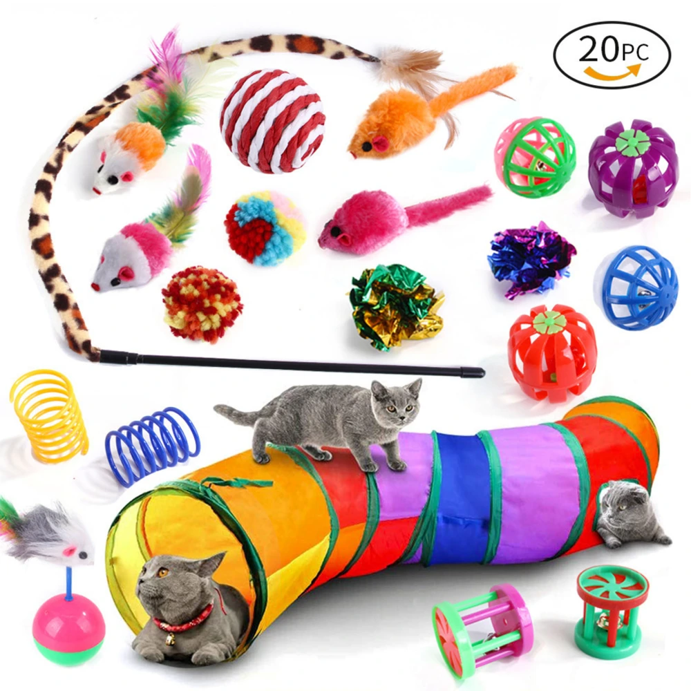 20Pcs Rainbow Tunnel and Toys Set Cat Teaser Stick Mouse Relieve Boredom Interactive Cat Toys Rainbow Tunnel Set