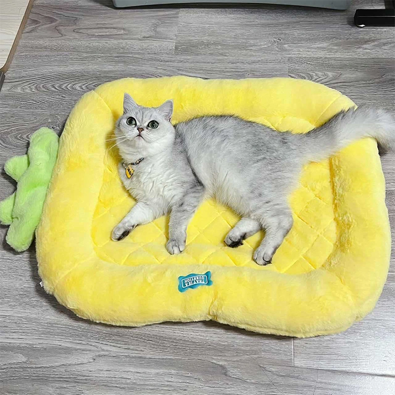 Buyweek Cat Bed Warming Soft Plush Fluffy All Seasons Cute Cartoon Pattern Pet Cushion for Cats Dogs Small Size Ananas