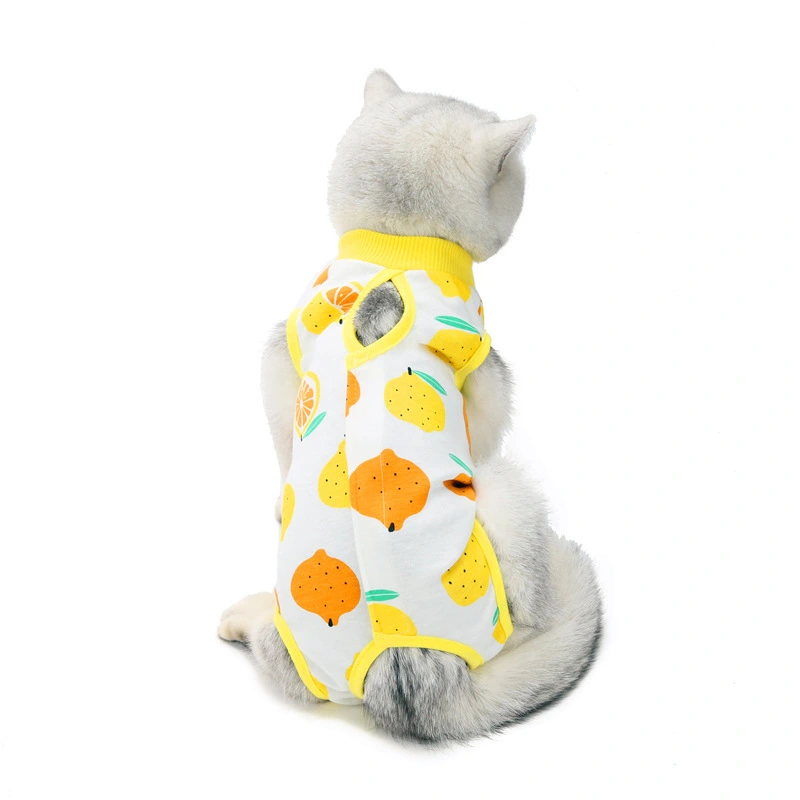 Pet Recovery Suit Soft Thin Breathable Prevent Licking Cotton Print Cat Post Surgery Shirt for Indoor Outdoor Lemon M