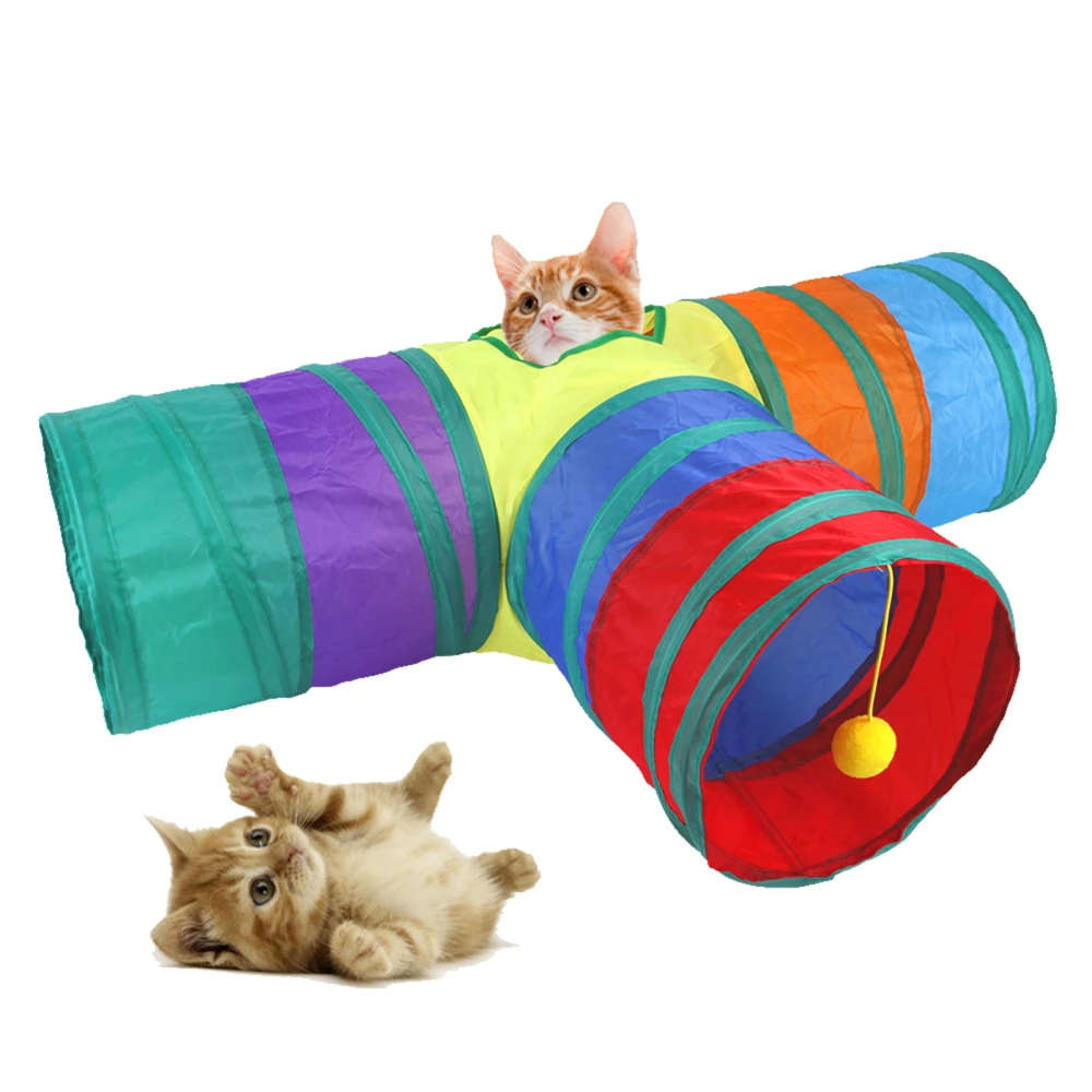 Cat 3 Way Tunnel Interactive Rainbow Collapsible Cat Tube with Play Ball for Cats Kittens