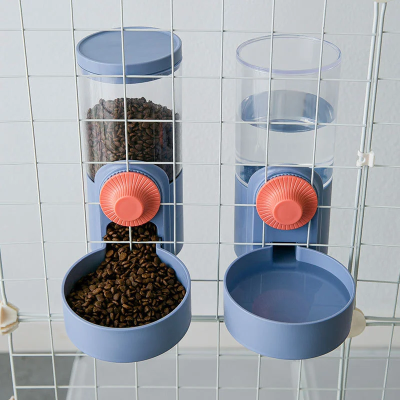 Pet Cage Suspended Food Water Dispenser Hanging Automatic Pet Water Bottle Bowl for Cats Dogs Rabbits Haze Blue