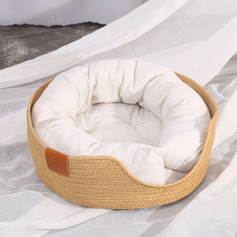 Pet Cushion Bed Hand Woven Soft Warm Breathable Wearable Round Cat Puppy Pad Bed for All Seasons M Bed with Matching Cotton Pad